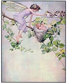 an illustration of a fairy and her baby sleeping on a tree branch