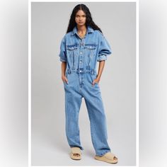 Frankie Shop Denim Overall Non-stretch Denim Wide Leg Overalls, Full-length Denim Blue Jumpsuit With Pockets, Non-stretch Denim Jumpsuit With Pockets, Blue Cotton Full-length Denim Jumpsuit, Non-stretch Blue Denim Overalls, Shop Pants, The Frankie Shop, Frankie Shop, M Pants