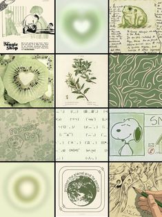 many different pictures with green and white designs on them, including an image of a person's hand holding a pen