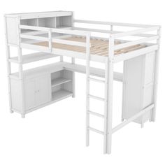 a white loft bed with desk underneath it