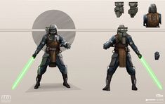 the concept art for star wars is shown in three different poses, including two men with lights