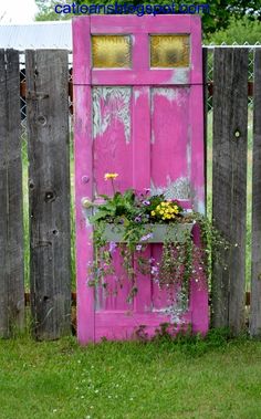 a pink wooden door with flowers growing out of the top and bottom, in front of a fence