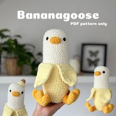 a hand holding three amigurt birds in different colors and sizes, with the text bananagoose on it