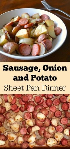 sausage, onion and potato sheet pan dinner with text overlay that reads sausage, onion and potato sheet pan dinner