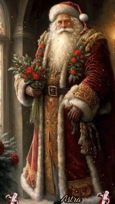 a painting of santa claus holding flowers in his hand