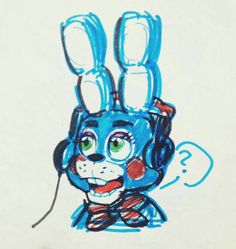 a drawing of a blue dog with headphones on it's ears and nose