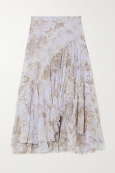 Erdem's 'Harlow' midi skirt is made from swathes of silk-georgette that fall in tumbling ruffles through the asymmetric front. The delicate floral-print looks like it's been hand-drawn and takes inspiration from the work of influential society florist, Constance Spry, who created arrangements for the royal family during the '40s and '50s. It looks especially elegant styled with the matching blouse. White Silk Blouse, Brown Silk, Asymmetrical Skirt, Chiffon Skirt, Asymmetrical Design, Silk Skirt, White Silk, Silk Chiffon, Layers Design