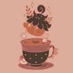 an illustration of a cup of coffee with a cat in the top and stars around it