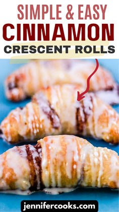 cinnamon crescent rolls on a blue plate with text overlay