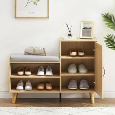 a wooden shelf with shoes on it next to a potted plant and framed photograph