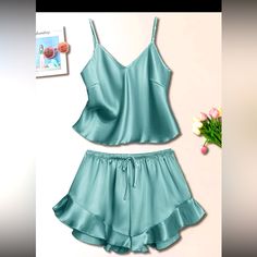 Beautiful Pijama Very Soft! And Confortable. New With Tag! Size L Night Wear For Women Sleep, Pajama Design, Short Night Dress, Silk Pajamas Shorts, Satin Nightie, Satin Pj Set, Pyjama Satin, Satin Cami Top, Cadet Blue