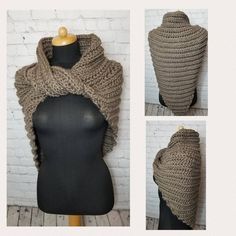 three pictures of a woman's shawl on a mannequin