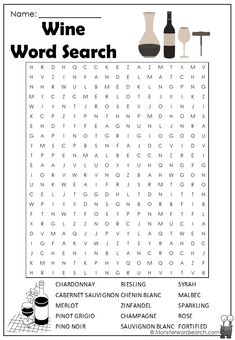 a wine word search is shown in this printable worksheet for adults and children