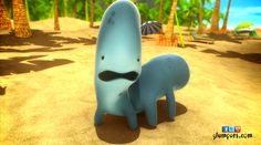 an animated blue creature standing in the middle of a sandy area with palm trees behind it