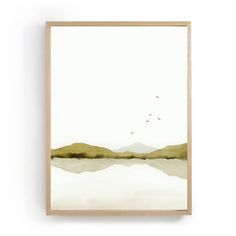 a watercolor painting with birds flying over the lake and mountains in the background, on a white wall