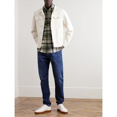 Brunello Cucinelli's jacket is a great transitional piece to layer over everything from T-shirts to fine knits. It's been made in Italy from mid-weight denim in a classic cream wash that'll go with almost anything. It's detailed with side tabs so you can perfect the fit at the hem. Fall Denim Jacket With Selvedge And Long Sleeve, Fall Long Sleeve Selvedge Denim Jacket, Classic Cotton Denim Jacket, Casual Long Sleeve Selvedge Denim Jacket, Classic Cotton Outerwear For Casual Gatherings, Casual Selvedge Outerwear For Fall, Casual Fitted Selvedge Outerwear, Selvedge Cotton Outerwear For Fall, Cotton Selvedge Outerwear For Fall