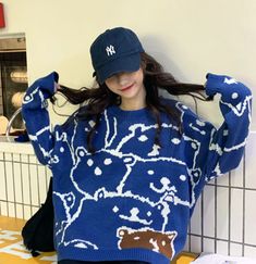 BEAR KNITTED SWEATER sold by OCEAN KAWAII on Storenvy Blue Spring Sweatshirt, Blue Knitted Long Sleeve Outerwear, Blue Crew Neck Knitted Outerwear, Blue Long Sleeve Knitted Outerwear, Blue Long Sleeve Winter Sweater, Blue Crew Neck Knitted Sweater, Blue Oversized Crew Neck Outerwear, Oversized Blue Sweatshirt For Winter, Casual Blue Winter Sweatshirt