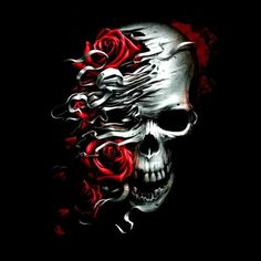 a skull with roses on it's face is shown in this artistic painting style