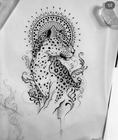 a black and white drawing of a cheetah in the middle of its body