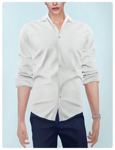 a male model wearing a white shirt and blue pants