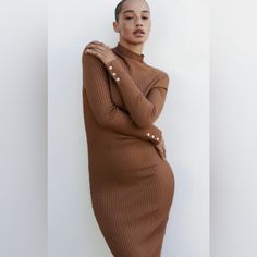 Never Wornzara #0014/006 Brown Ribbed Midi Sweater Dress, Elegant Long Bodycon Sweater Dress, Chic Brown Stretch Sweater Dress, Brown Ribbed Stretch Dresses, Brown Bodycon Long Sleeve Dresses, Long Bodycon Sweater Dress, Elegant Brown Midi Bodycon Dress, Brown Ribbed Long Sleeve Bodycon Dress, Elegant Brown Bodycon Dress