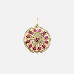 The Lionheart Jewelry Serenity Amulet is handcrafted in 14 karat yellow gold. Featuring an outline of diamonds and stunning rubies this charm adds the perfect pop of color and sparkle to your neck stack. 14 Karat Yellow Gold Diamonds: 0.40 total carat weight Rubies: 2.55 total carat weight Measurements: 25.5mm Made in Italy Gold Ruby Jewelry With Pave Setting, Neck Stack, Weight Measurement, Timeless Jewelry, Pink Sapphire, Pink And Gold, Gold Diamond, Color Pop, Ruby