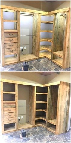 two pictures of the inside of a closet with drawers and shelves in it, one is made out of wood