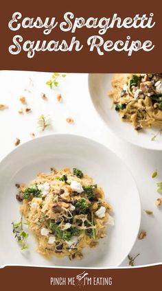 two white plates filled with spaghetti and vegetables