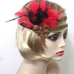 Bow Gatsby headband, 1920s headband, Valentines Day Headband, Flapper headband, 1920s headpiece, Great Gatsby headband, 1920s hair accessory   This stunning 1920's Downton Abbey vintage inspired Art Deco flapper headband is the perfect accompaniment for any styled event. I've designed and created this of a kind headband so feminine and romantic. Made with two rows of a black and gold woven trim backed with satin elastic. This headpiece features a flurry of black and Red Chandelle feathers embellished with a Vintage Inspired Antique Brass Bow brooch with Red Rhinestones.  I have designed and created each piece from my smoke-free studio. All pieces are securely wrapped and boxed to prevent damage/breakage. Ready to ship.  Feel free to convo me if you have any questions. Thank you very much f 1920s Hair Accessories, Brass Bow, 1920s Headband, Gatsby Headband, 1920s Headpiece, 1920s Hair, Flapper Headband, Vintage Inspired Art, Bow Brooch