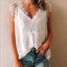 Features A Pretty White Chiffon Base, Lace Detailed Shoulders And Feminine Flowy Body. So Flattering & Pretty! Chiffon Lace Blouse, Boho Blouse, White Chiffon, Boho Blouses, Chiffon Lace, Sheer Blouse, Lace Blouse, V Neck Tops, Cute Fashion