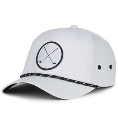 This white Golf hat is the perfect accessory for your next round of 18 holes. The performance polyester fabric brings lightweight and comfort to your new favorite baseball style golf hat. The crossed golf club patch and rope accent bring the style to a tremendously comfortable hat. This classic hat will complement any look, even if youre only there to drive the cart. Size: OSFM.  Gender: male.  Age Group: adult. White Breathable Flat Bill Baseball Cap, White Breathable 5-panel Baseball Cap, White Sporty Snapback Hat With Curved Bill, Adjustable Breathable Golf Hat, Curved Brim Baseball Cap For Golf, Adjustable Curved Brim Baseball Cap For Golf, Adjustable Six-panel Baseball Cap For Golf, White Snapback Hat With Curved Bill For Sports Events, White Sports Trucker Hat With Flat Bill