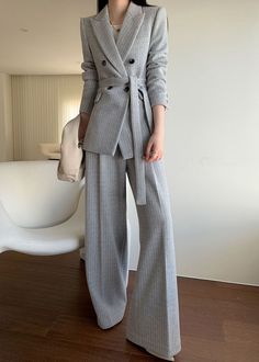 Women's Gray Wool Blend Belted Double Breasted Blazer Wide Leg Pants Suit Elegant Winter Blazer With Belt Loops, Elegant Business Casual Set With Double Button Closure, Elegant Sets With Double Button Closure For Business Casual, Elegant Fall Pantsuit With Double-breasted Fastening, Elegant Fall Pantsuit With Double-breasted Button, Elegant Double-breasted Business Casual Sets, Luxury Single Breasted Workwear Set, Elegant Double Breasted Suit For Winter Workwear, Elegant Double Breasted Suit For Winter Office Wear