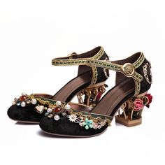 Our Pearl & Flower Mary Janes Pumps are the ultimate chic heels for a princess. Fully embellished with beads and stones, made from comfortable velvet fabric with a unique birdcage heels style. You are sure to stand out at any party. Specifications: Pump Type: Mary Janes Heel Type: Unique Style Upper Material: Velvet Heel Height: High (5cm-8cm) Handmade: Yes Fashion Element: Flower Lining Material: Genuine Leather Toe Shape: Round Toe Closure Type: Buckle Strap *** Fits true to size, take your no Chinese Wedding Shoes, Wedding Shoes Women, Wedge Heel Boots, Caged Heels, Studded Heels, Pump Types, Ankle Strap Shoes, Chinese Wedding, Black Shoes Women