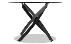 a glass table with metal legs and an x design on the top, against a white background