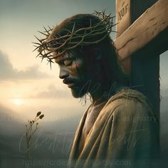 a painting of jesus with the crown of thorns on his head and cross in front of him