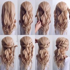 P I C T O R I A L . . // another half up half down hairstyle Step- by- step 1. Start with the hair down 2. Section of the crown area… | Instagram Wavy Or Curly Hair, Half Up Wedding Hair, Open Hair, Wedding Hair Half, Pageant Hair, Diy Wedding Hair, Half Up Half Down Hair Prom, Guest Hair, Easy Hair Updos