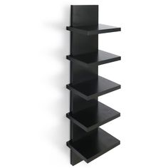 a black book shelf with five shelves on each side and one in the middle, against a white background