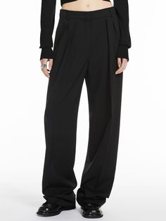 Find MAX MARA Wide-fit Stretch Wool Trousers on Editorialist. Wide-fit stretch wool Poudre trousers. The low-rise design boasts leg volume-accentuating double dart detail on the front. Mannish tailoring-style branded internal waistband, slanted side pockets and welt rear pockets. Relaxed leg with pressed pleat detail on the front and back. Luxury Black Wide-leg Dress Pants, Luxury Tailored Black Wide Leg Pants, Luxury Black Wool Bottoms, Fitted Black Wool Wide Leg Pants, Formal Black Pants With Minimal Stretch, Luxury Fitted Black Wide Leg Pants, Luxury Black Fitted Wide Leg Pants, Wool Trousers, Blazer Vest