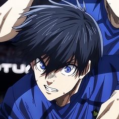 an anime character with black hair and blue eyes is posing for the camera while holding his arm behind his head