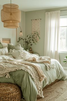 a bedroom with a large bed and wicker baskets hanging from the ceiling above it