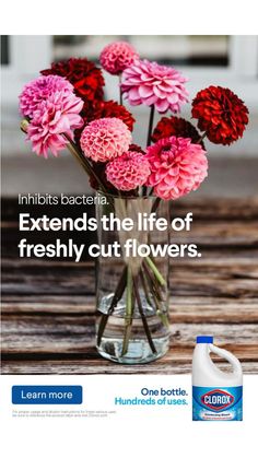 a vase filled with pink and red flowers next to a bottle of laundry detergent