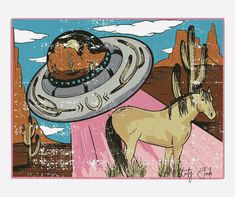 a drawing of an alien ship flying over a desert landscape with a donkey in the foreground