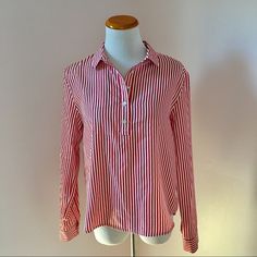 Lumiere New With Tags Red Stripped Button Down Shirt Blouse Size S Open To Resonable Offers Approx Measurements: Pit To Pit 18.5” Shoulder To Shoulder 16” Shoulder To Hem 23” Red Top With Striped Collar For Spring, Red Summer Top With Striped Collar, Red Spring Top With Striped Collar, Classic Red Top With Striped Collar, Red Shirt With Striped Collar For Spring, Black Cold Shoulder Top, Strip Blouse, Doll Blouse, Floral Chiffon Blouse