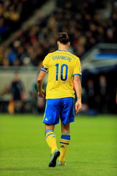 a soccer player in yellow and blue is on the field with his foot resting on the ground