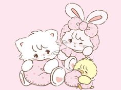 two stuffed animals sitting next to each other on top of a pink background with hearts