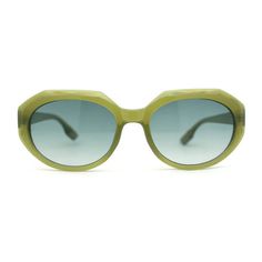 Perfect for daily wear, these shades are classically shaped into iconic mod round silhouettes with exquisitely luxurious dimensional beveled frames. Feminine, yet sophisticated, with subtly colorful tones, extremely functional, yet stylish. Made with 100% UV400 polycarbonate lenses. (b342) Size: 5 5/8" (143mm) x 1 15/16" (49mm).  Color: Green.  Gender: female.  Age Group: adult. Oval Sunglasses With Gradient Lenses For Summer, Summer Oval Sunglasses With Gradient Lenses, Oval Polarized Sunglasses For Summer, Modern Oval Sunglasses For Summer, Green Sunglasses With Gradient Lenses And Round Frame, Green Round Frame Sunglasses With Gradient Lenses, Retro Round Sunglasses With Gradient Lenses, Vintage Oval Sunglasses For Summer, Vintage Round Frame Sunglasses For Spring