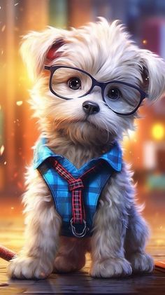 a small white dog wearing glasses and a blue shirt