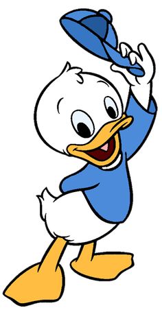 a cartoon duck wearing a blue hat and holding his arm up in the air with one hand