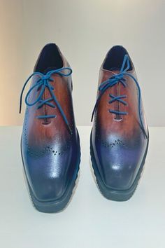 Blue leather brogues with perforated toe and ombre upper. - Aza Fashions Blue Wingtip Dress Shoes With Brogue Detailing, Blue Dress Shoes With Brogue Detailing For Derby, Blue Oxfords With Brogue Detailing And Almond Toe, Blue Low-top Dress Shoes For Formal Occasions, Blue Wingtip Oxfords With Brogue Detailing, Formal Blue Low-top Leather Shoes, Blue Brogue Oxfords With Almond Toe, Multicolor Leather Shoes With Brogue Detailing, Blue Wingtip Leather Shoes For Derby