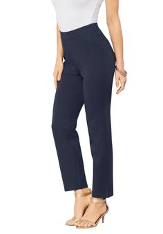 Our best-selling ponte pant is an instant classic, the pant you'll reach for again and again. With a straight fit through the hips and thighs and a pull-on elastic waist, it moves with you to keep your look on point. Ultimate Ponte is perfect for any occasion. Polished and sleek, but with a comfortable feel, this luxurious, knit fabric looks super professional while being easy to wear and style. Available in an array of flattering silhouettes, these are your outfit-building essentials. 30" insea Classic Mid-rise Pull-on Pants, Classic Pull-on Bottoms With 5-inch Inseam, Wedge Dress Shoes, Dress Pants For Women, Ponte Pant, Knit Trousers, Ponte Pants, Swimsuits For All, Again And Again